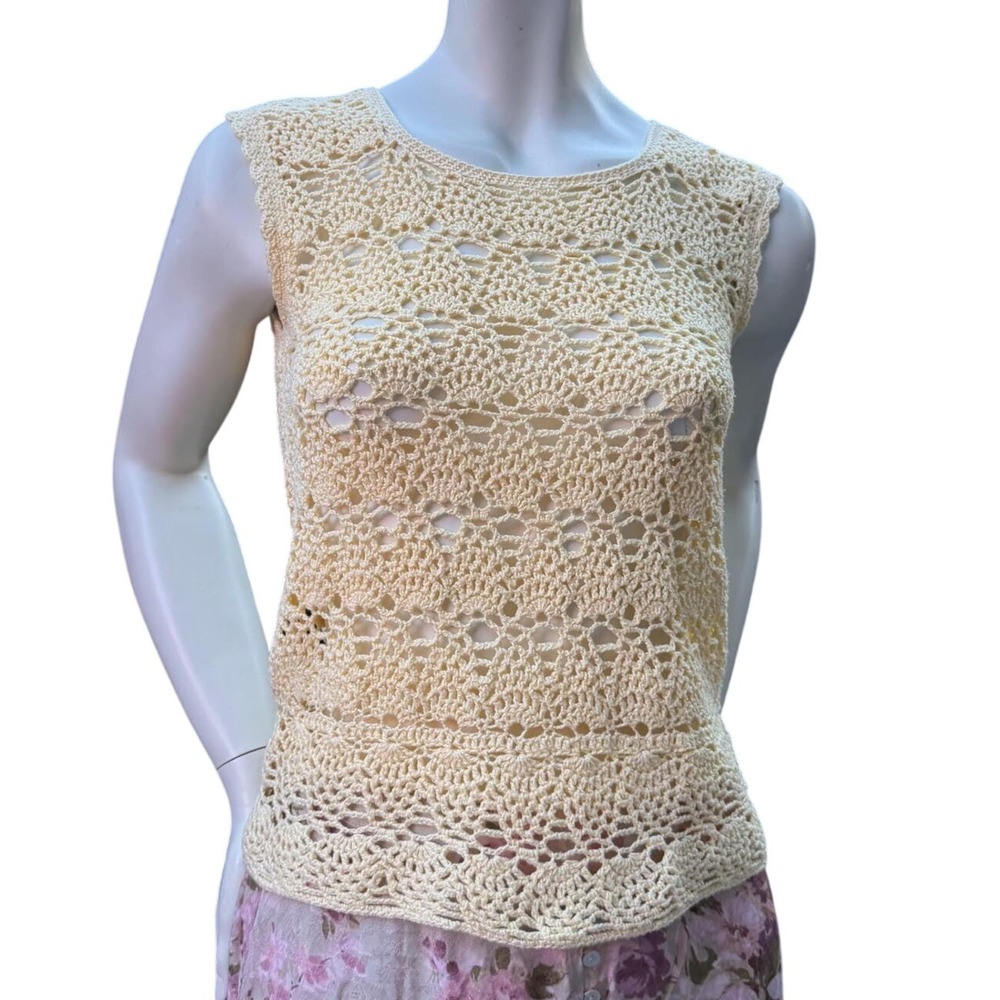 Vintage Handmade Crochet Tank Top Pastel Yellow Open Knit Boho Cottagecore Sz S